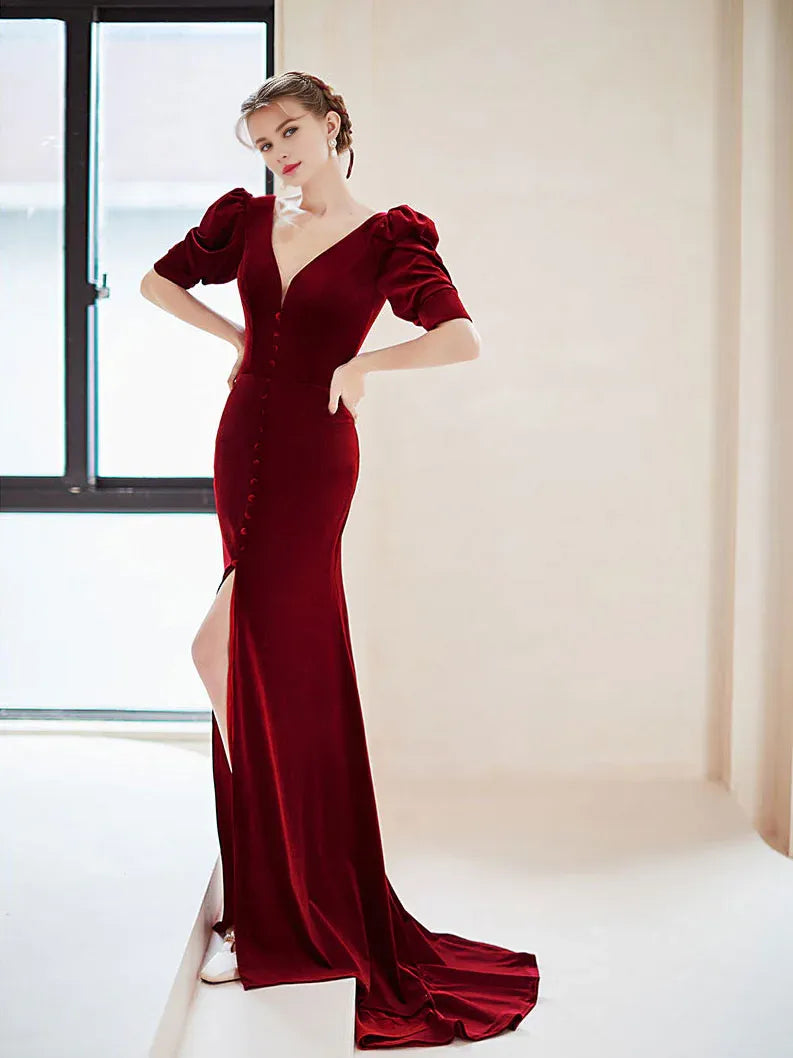 Wholesale Burgundy V neck Velvet Long Prom Dress Burgundy Formal Evening Dress gowns evening dresses